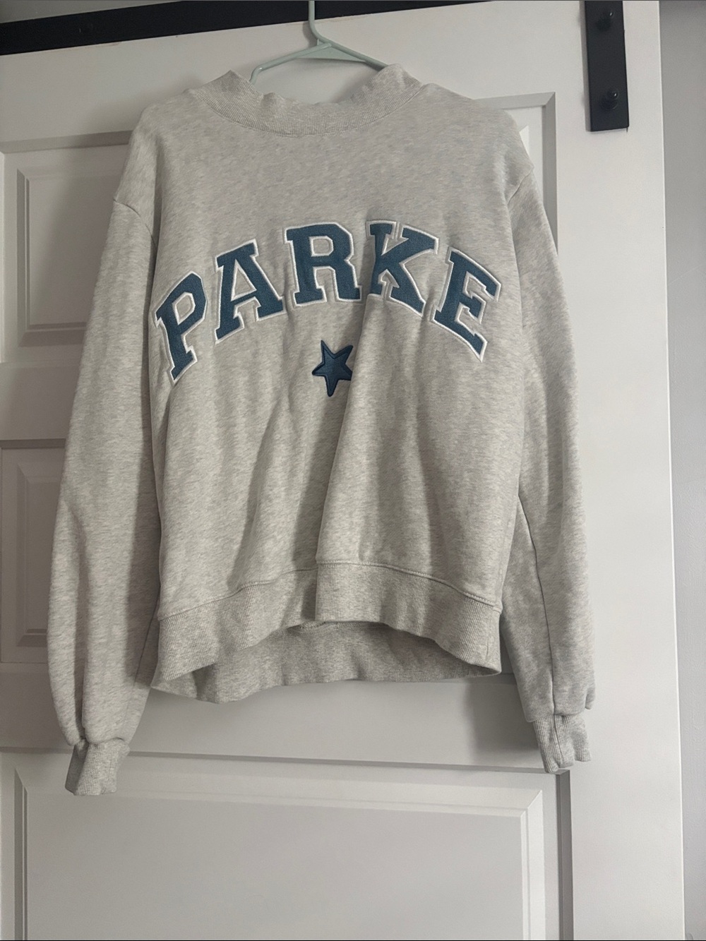 Parker Light Gray Crewneck Sweatshirt with Blue Lettering